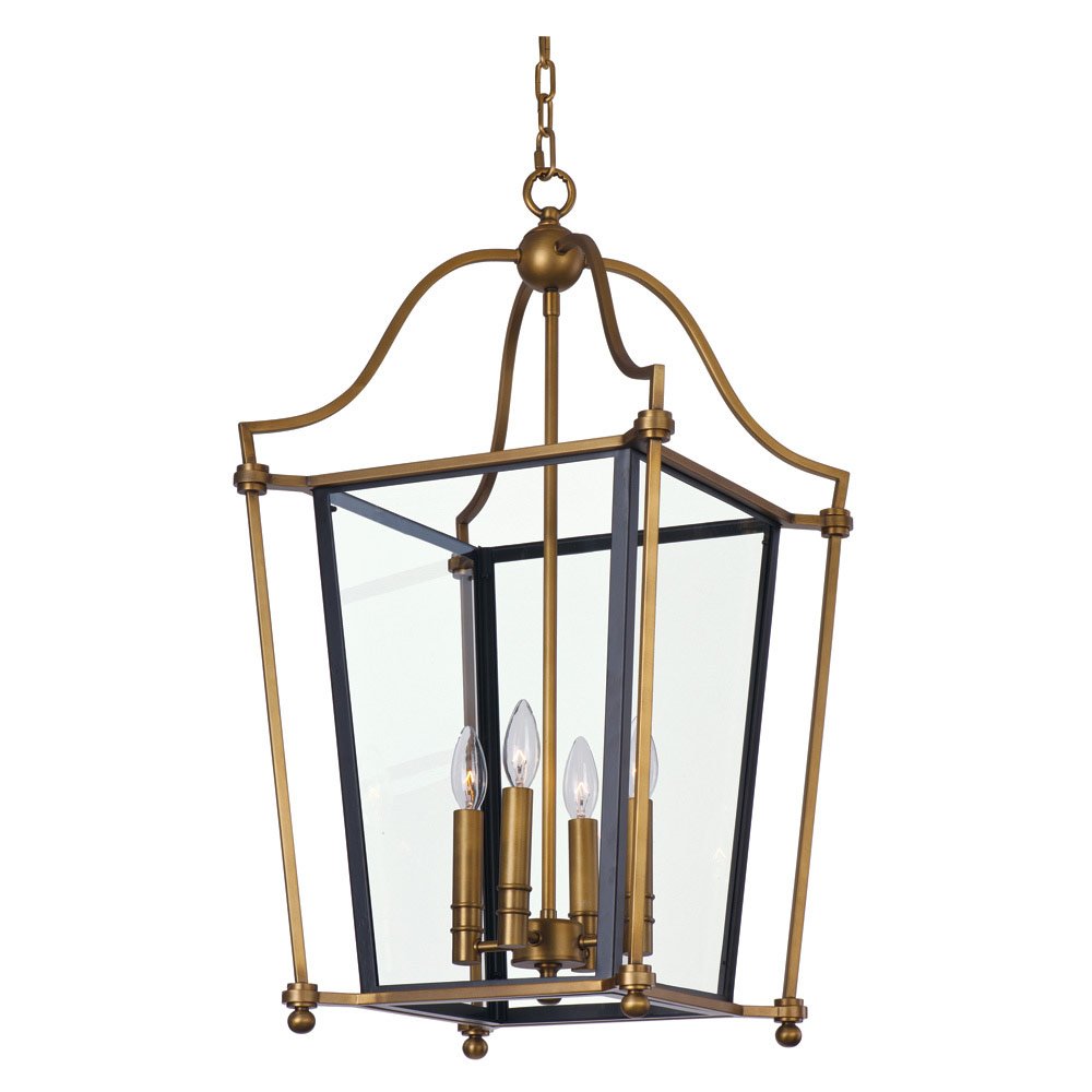 4 Light Chandelier in Natural Aged Brass with Clear Glass
