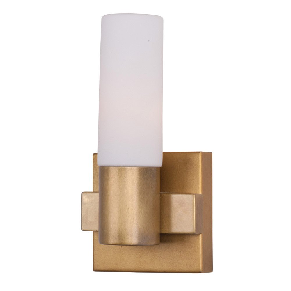 Single Light Wall Sconce in Natural Aged Brass with Satin White Glass