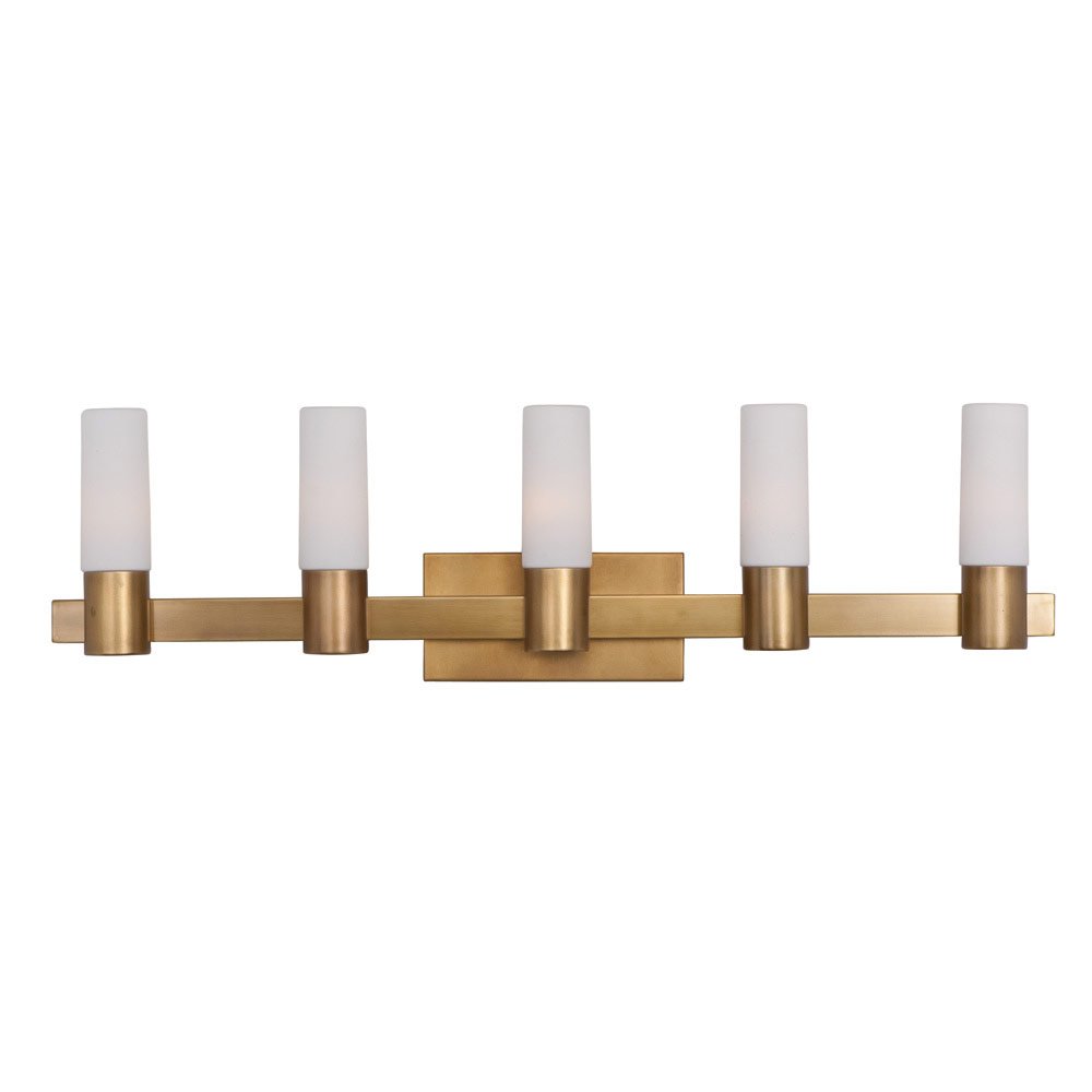 5 Light Bath Vanity in Natural Aged Brass with Satin White Glass