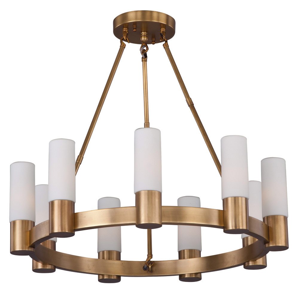 9 Light Chandelier in Natural Aged Brass with Satin White Glass