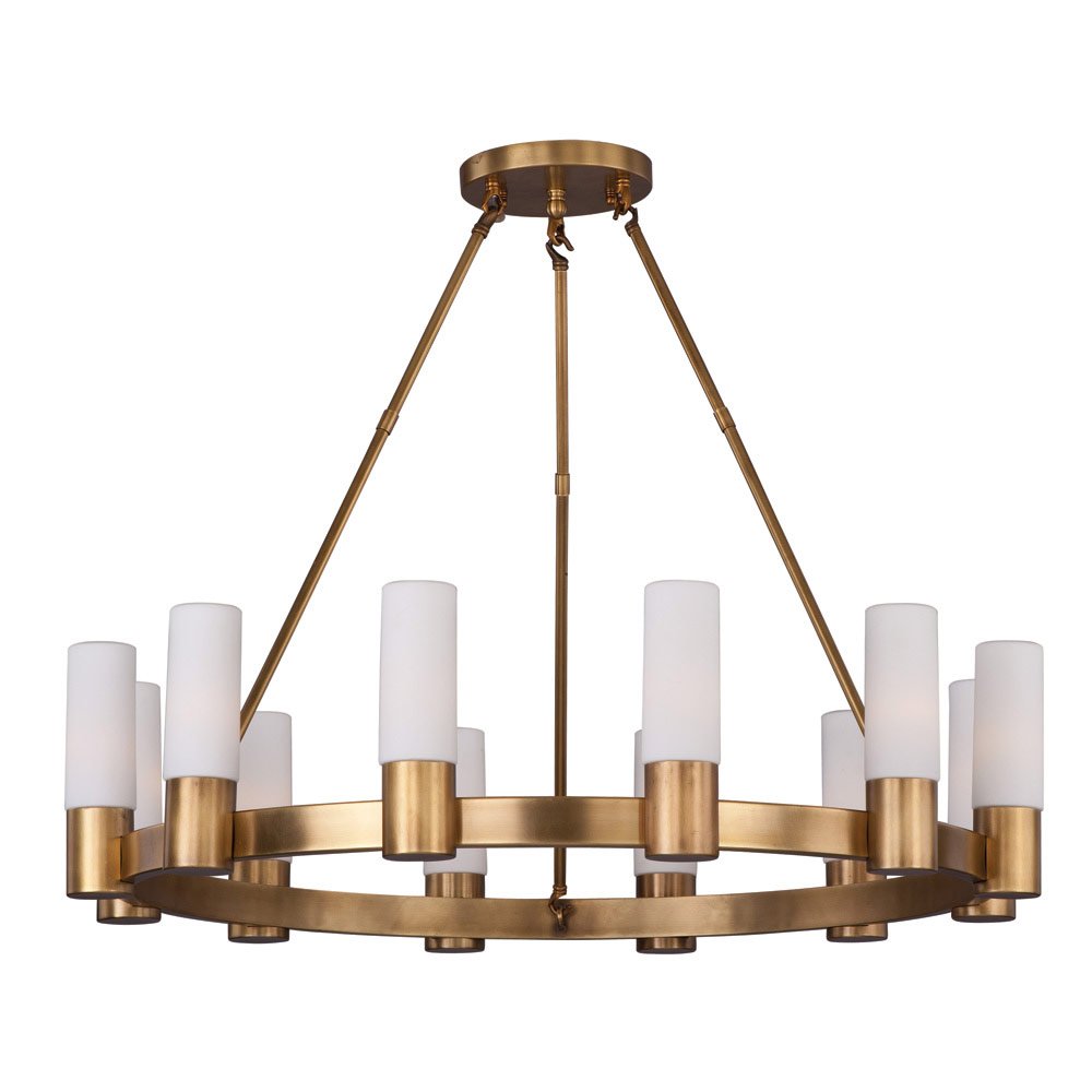 Single Tier Chandelier in Natural Aged Brass with Satin White Glass