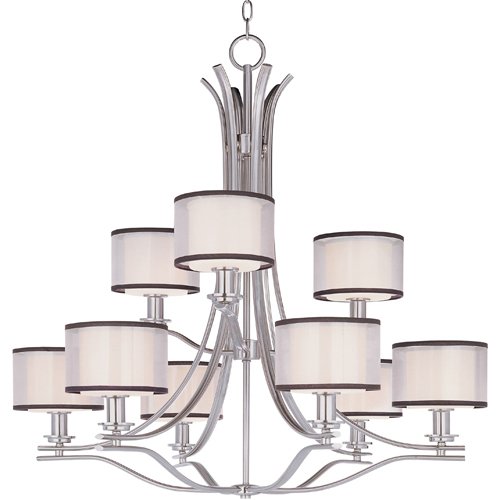 35" 9-Light Multi-Tier Chandelier in Satin Nickel with Satin White Glass and Sheer Charcoal Shades