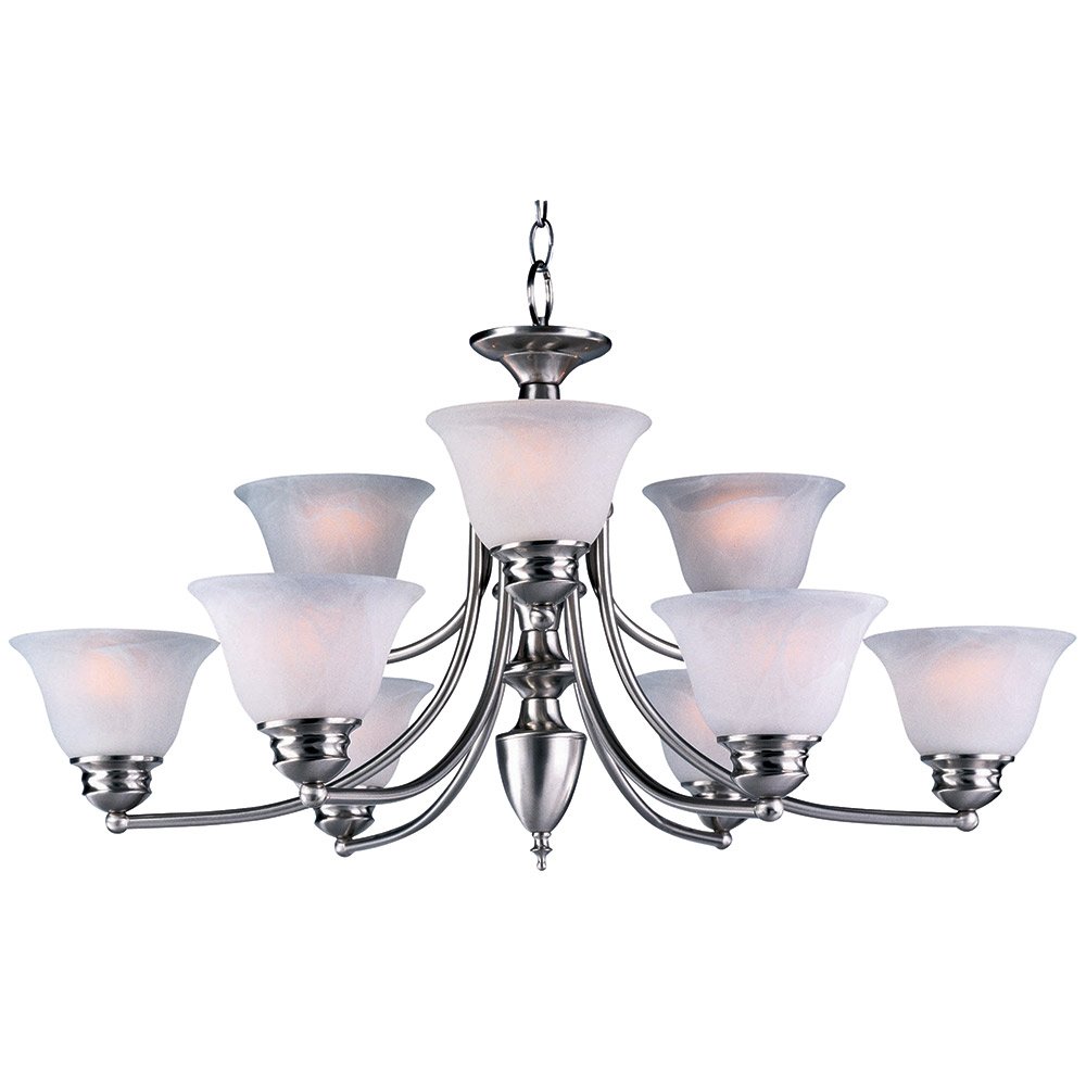 9 Light Chandelier in Satin Nickel with Frosted Glass
