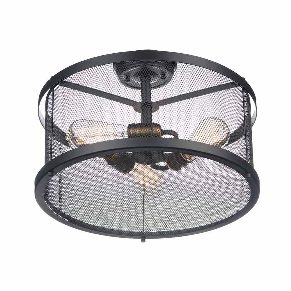 3-Light Flush Mount with Bulbs in Black with Natural Aged Brass