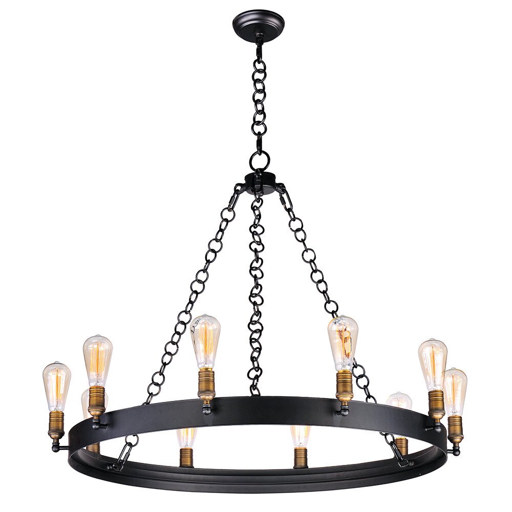 10-Light Chandelier with Bulbs in Black with Natural Aged Brass