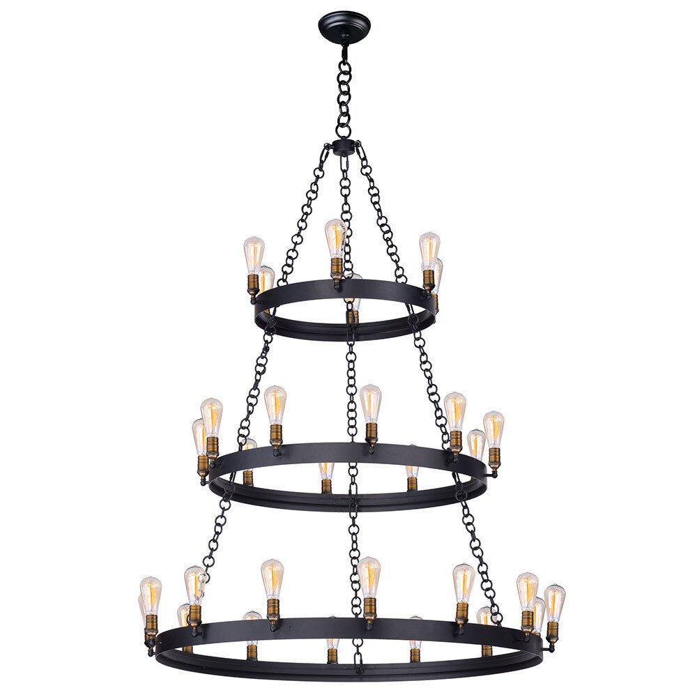 30-Light Chandelier with Bulbs in Black with Natural Aged Brass