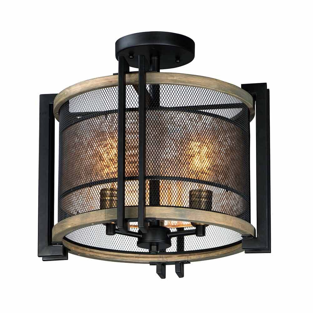 3-Light Flush Mount in Black with Barn Wood with Antique Brass