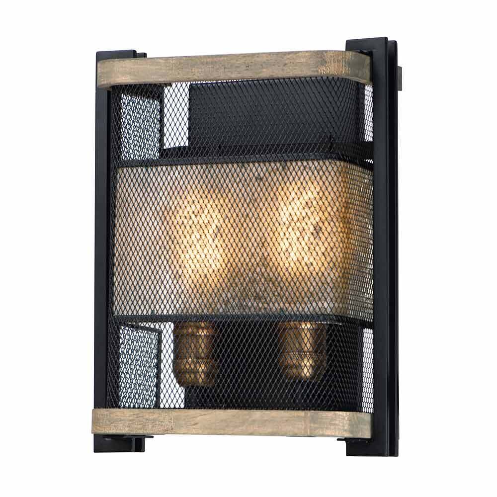 2-Light Wall Sconce in Black with Barn Wood with Antique Brass