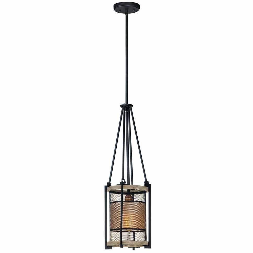 1-Light Pendant in Black with Barn Wood with Antique Brass