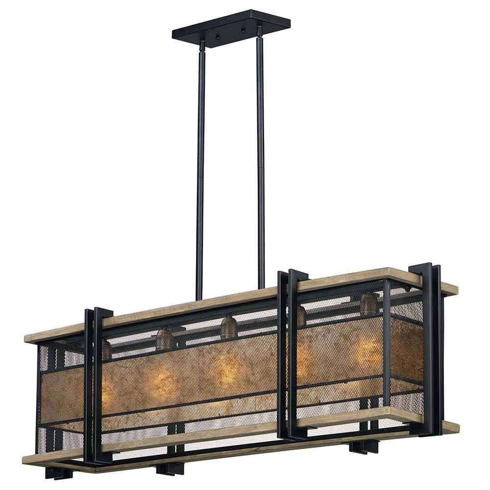 5-Light Linear Pendant in Black with Barn Wood with Antique Brass