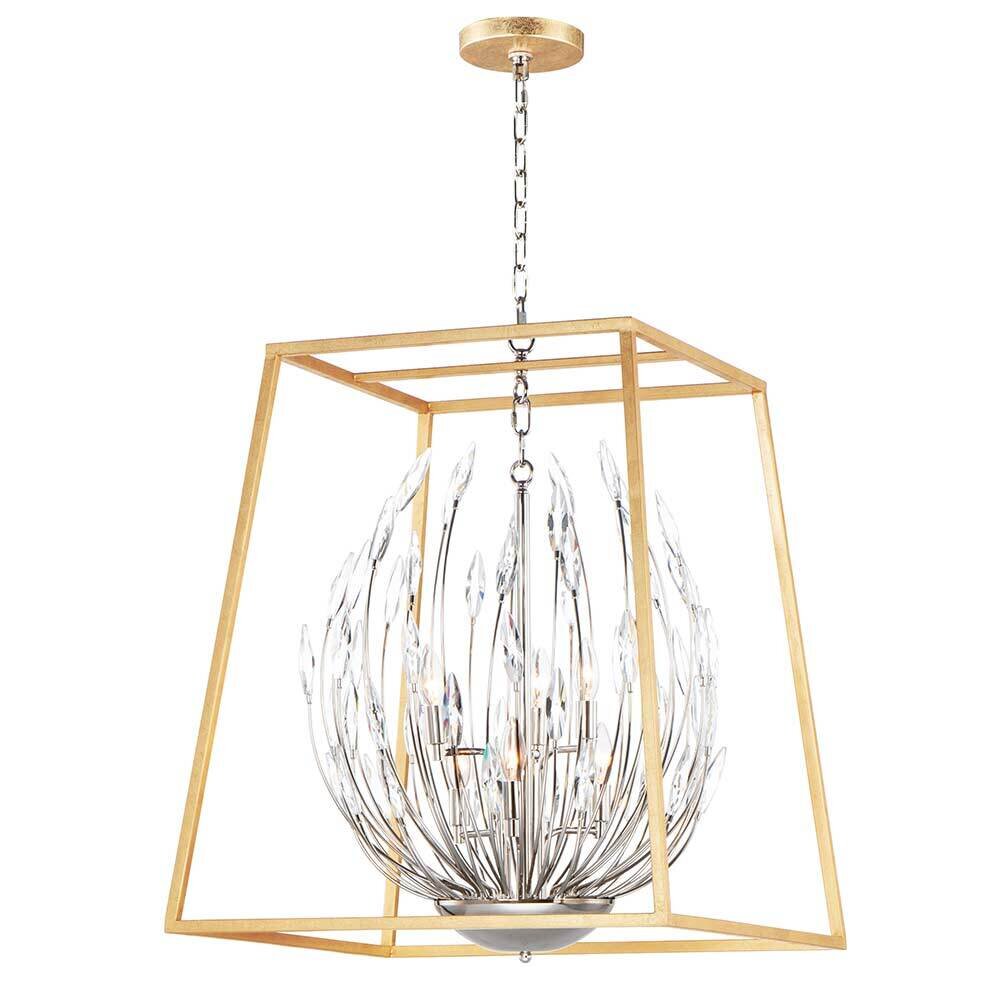6-Light Pendant in Polished Nickel with Gold Leaf