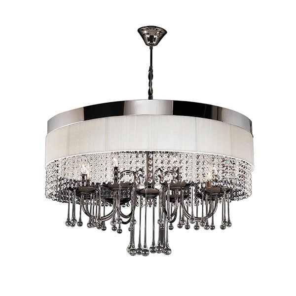 32" Chandelier in Black Chrome with Off White Linen Shade and Crystal and Glass Prizms