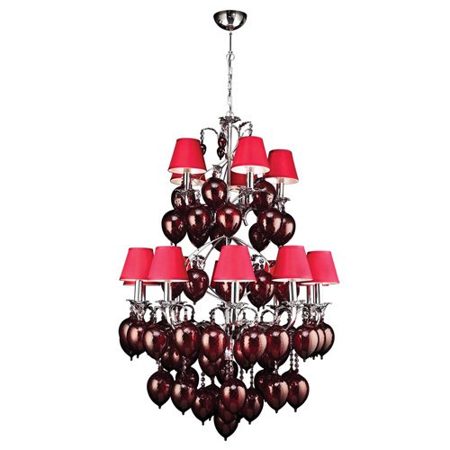 36" Chandelier in Polished Chrome with Red Fabric Shade and Red Ruby Glass