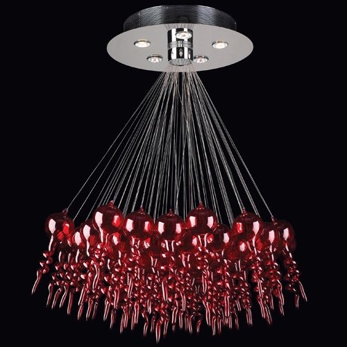 30" Chandelier in Polished Chrome with Red Glass